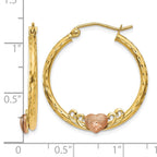 14K & Rose Heart D/C Hoop Earrings