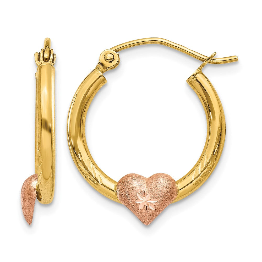 14K Yellow & Rose Gold Heart D/C Hoop Earrings