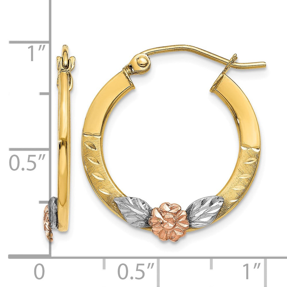 14K Yellow & Rose Gold w/ Rhodium Diamond Cut Flower Hoop Earrings