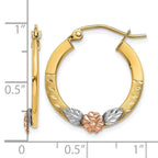 14K Yellow & Rose Gold w/ Rhodium Diamond Cut Flower Hoop Earrings