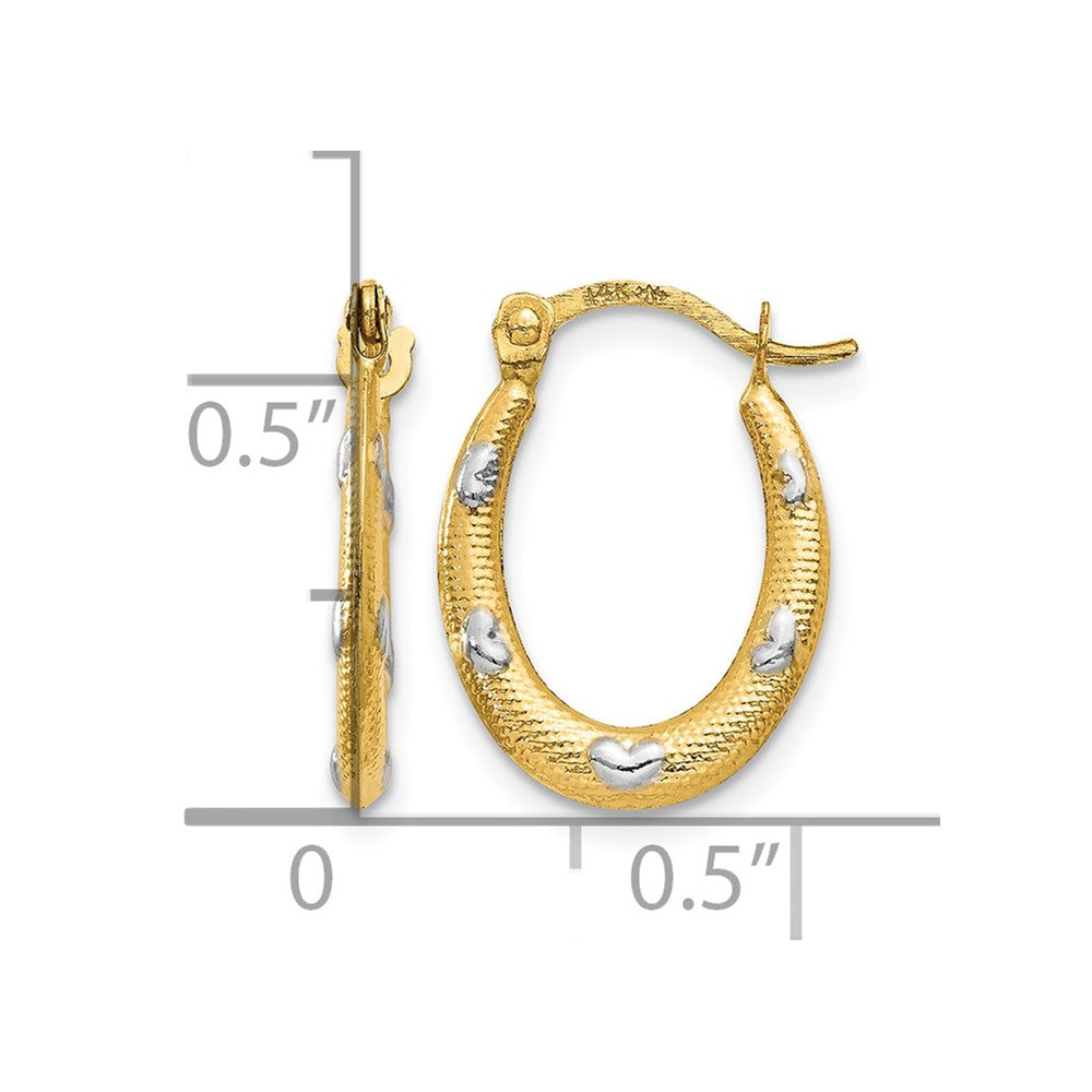 14K Rhodium Textured Hollow Oval w/ Hearts Hoop Earrings