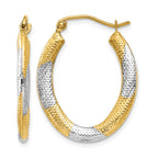 14K & Rhodium Textured Hollow Oval Hoop Earrings