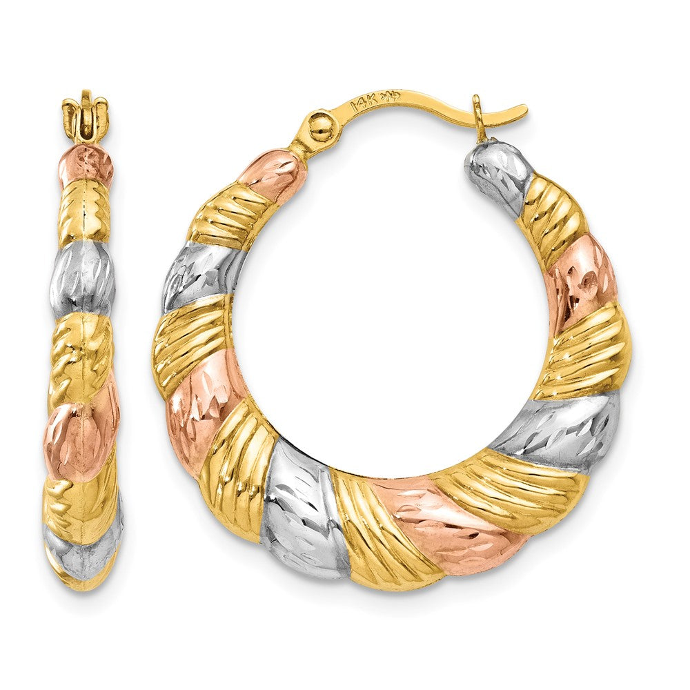 14K & White and Rose Rhodium Hollow Scalloped Hoop Earrings