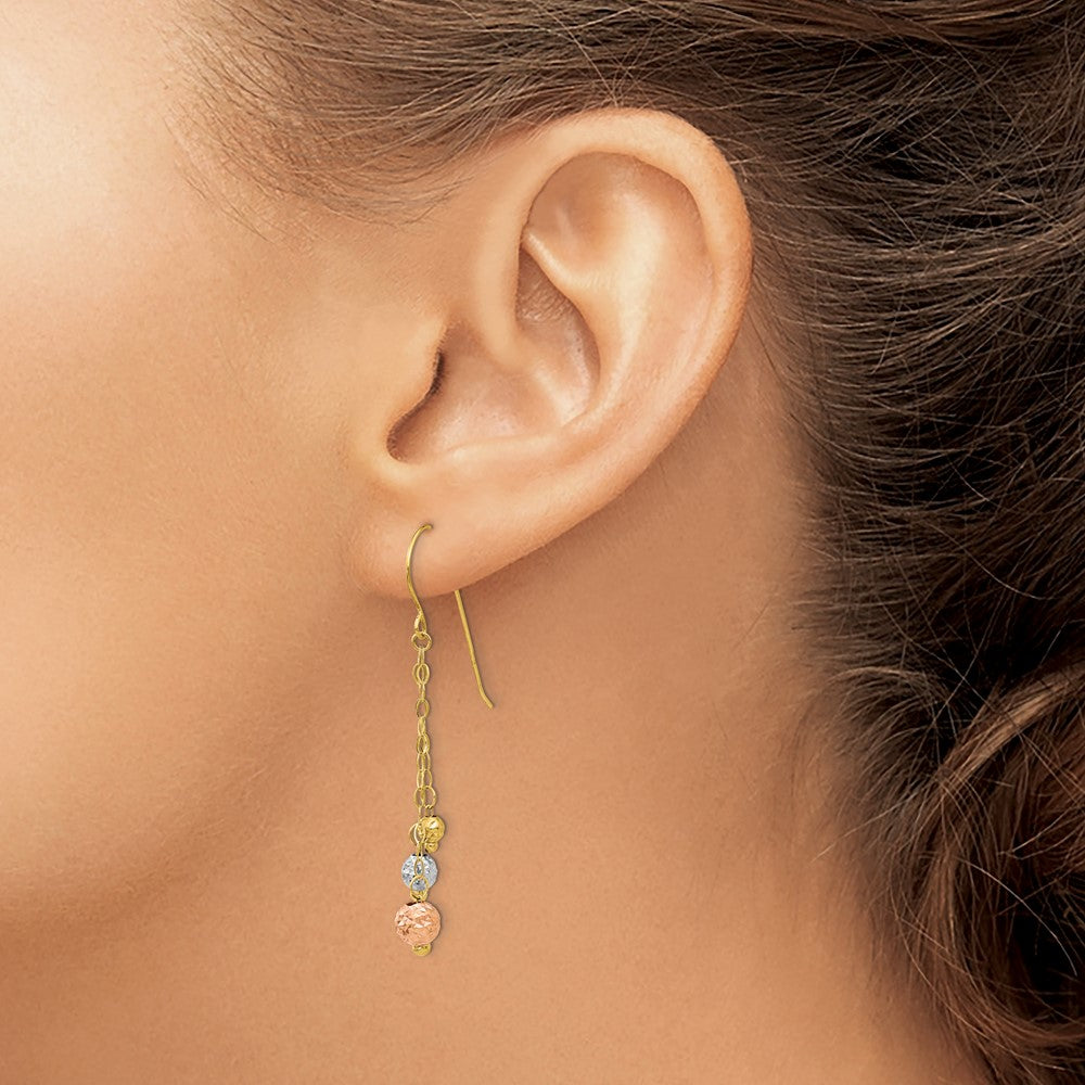 14K Tri-color Diamond-cut Beads and Chain Dangle French Hook Earrings