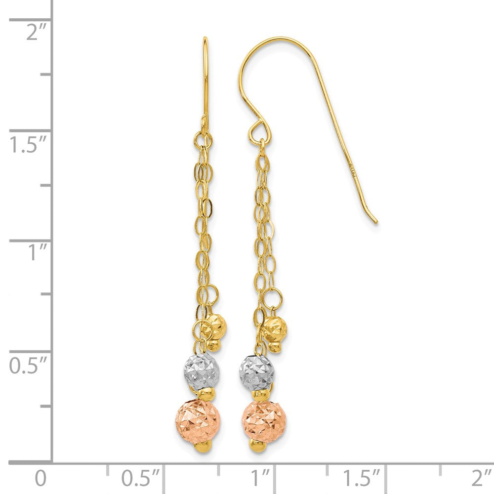14K Tri-color Diamond-cut Beads and Chain Dangle French Hook Earrings