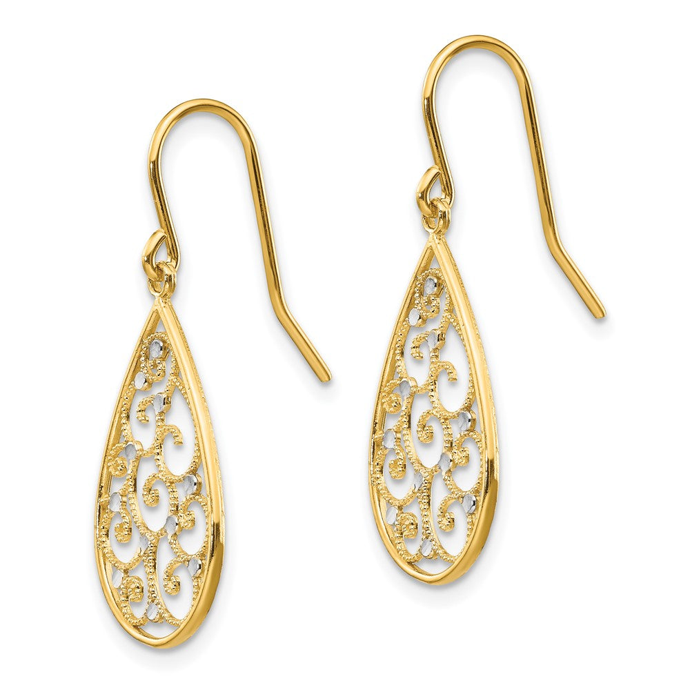 14k and White Rhodium Polished Swirl Teardrop Dangle French Hook Earrings