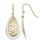 14k Two-tone Diamond-cut Polished Floral Teardrop Dangle French Hook Earrings