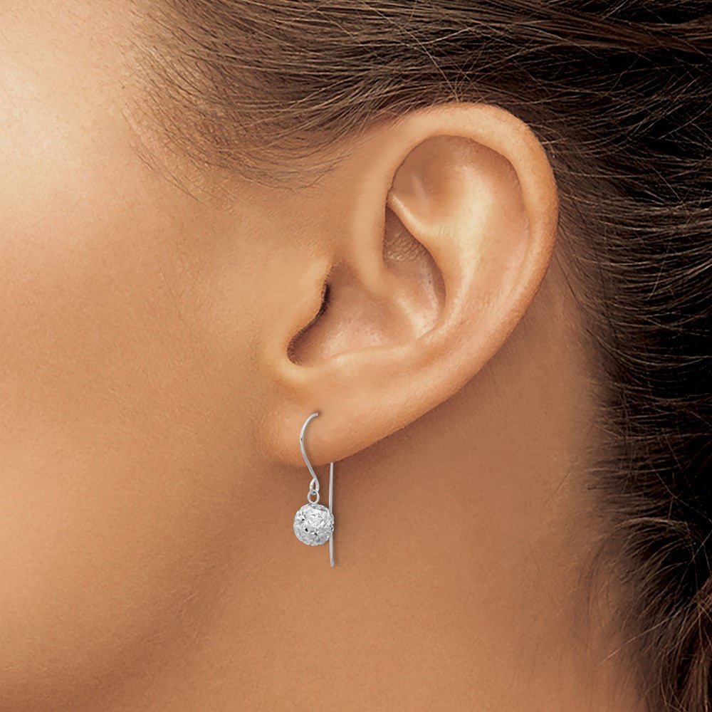 14K White Gold 6mm Diamond-cut Bead Dangle French Hook Earrings