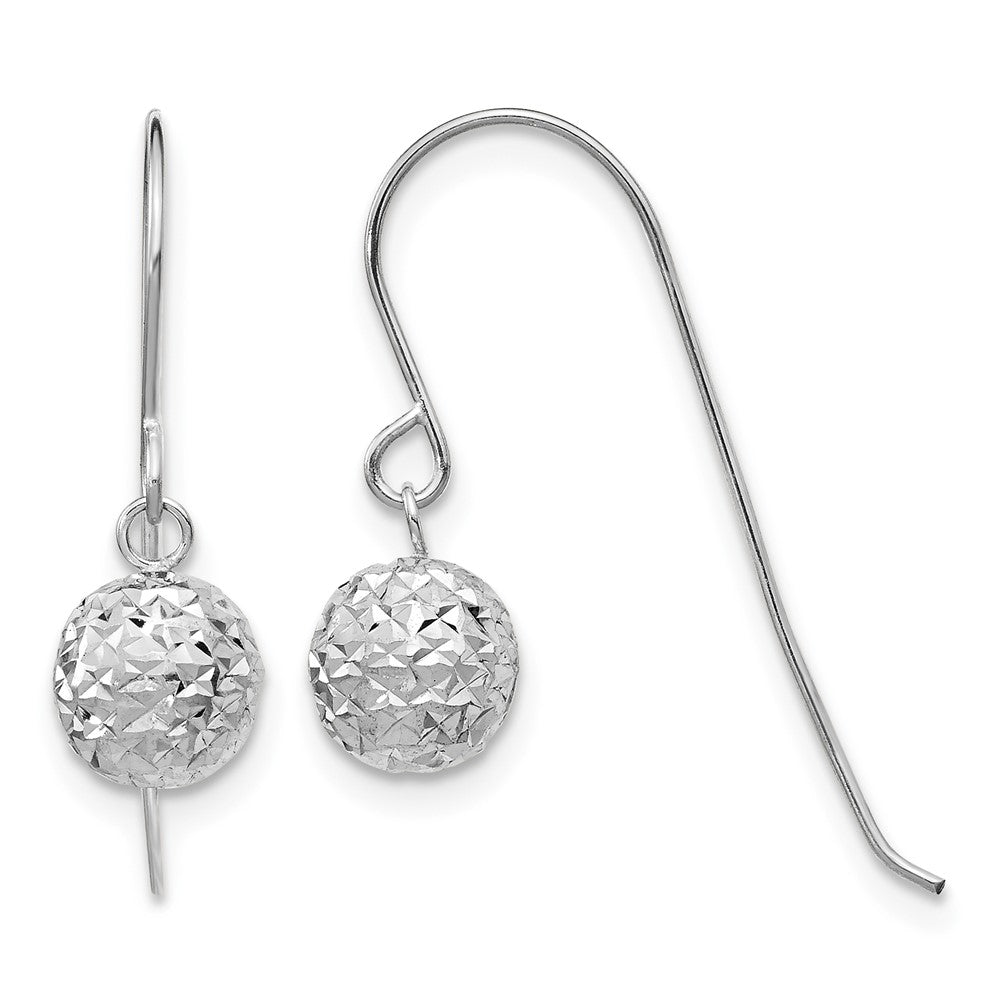14K White Gold 6mm Diamond-cut Bead Dangle French Hook Earrings