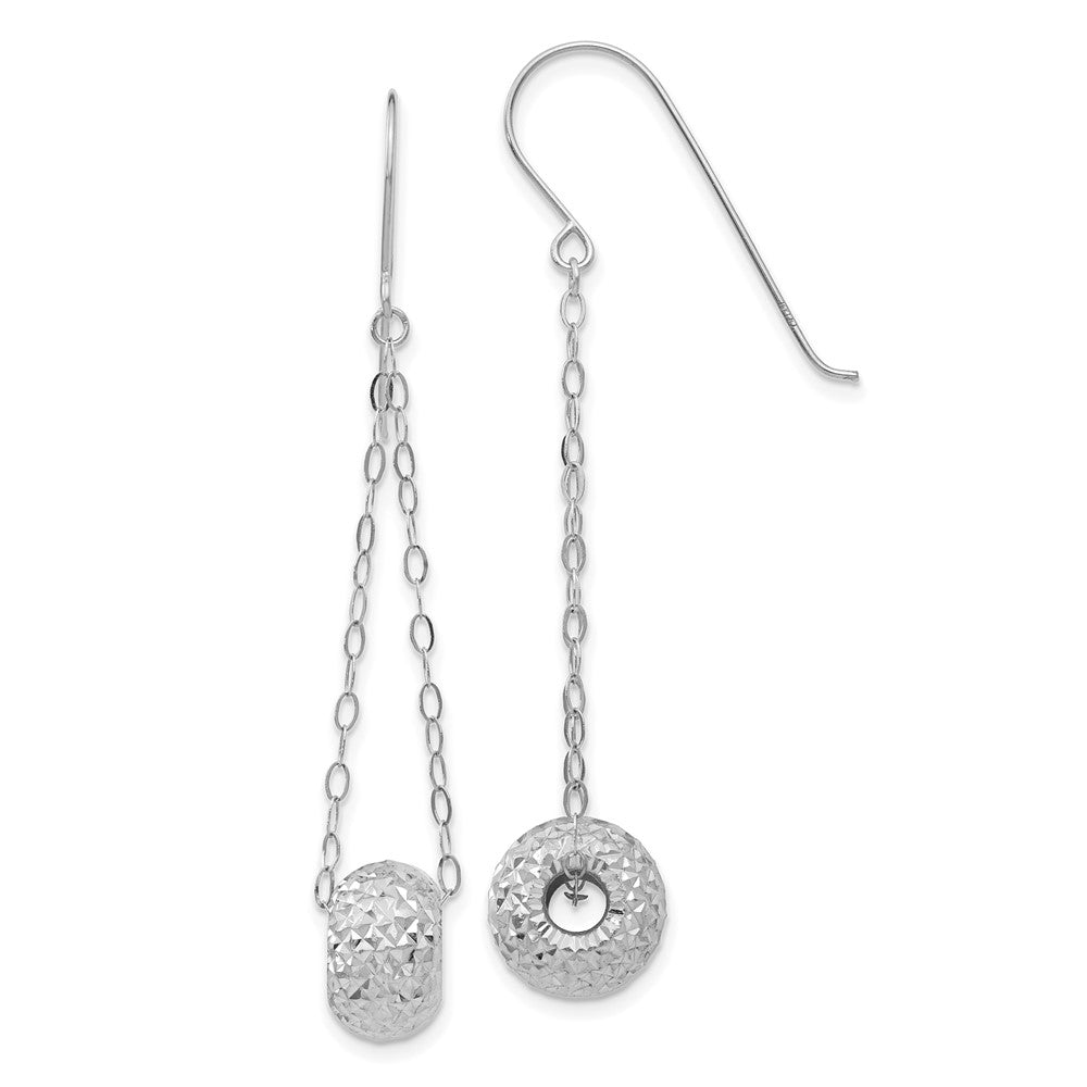 14K White Gold Chain with Diamond-cut 8mm Puffed Donut Bead Dangle French Hook Earrings