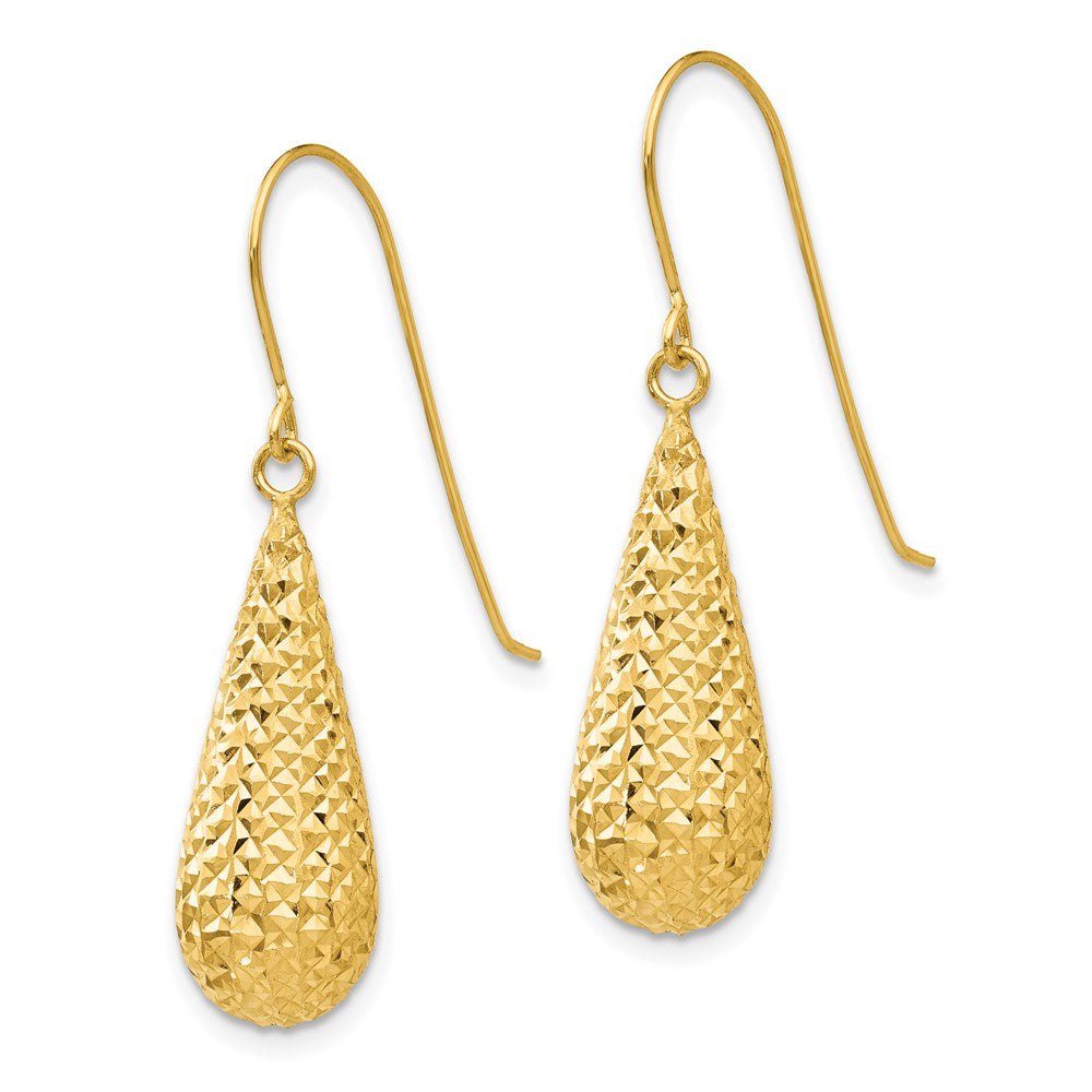 14K Diamond-cut Puffed Teardrop Dangle French Hook Earrings