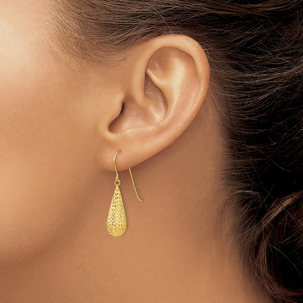 14K Diamond-cut Puffed Teardrop Dangle French Hook Earrings