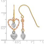 14k Tri-color Diamond-cut Heart Dangle French Hook Earrings