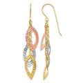 14K Tri-color Diamond-cut Leaves Dangle French Hook Earrings