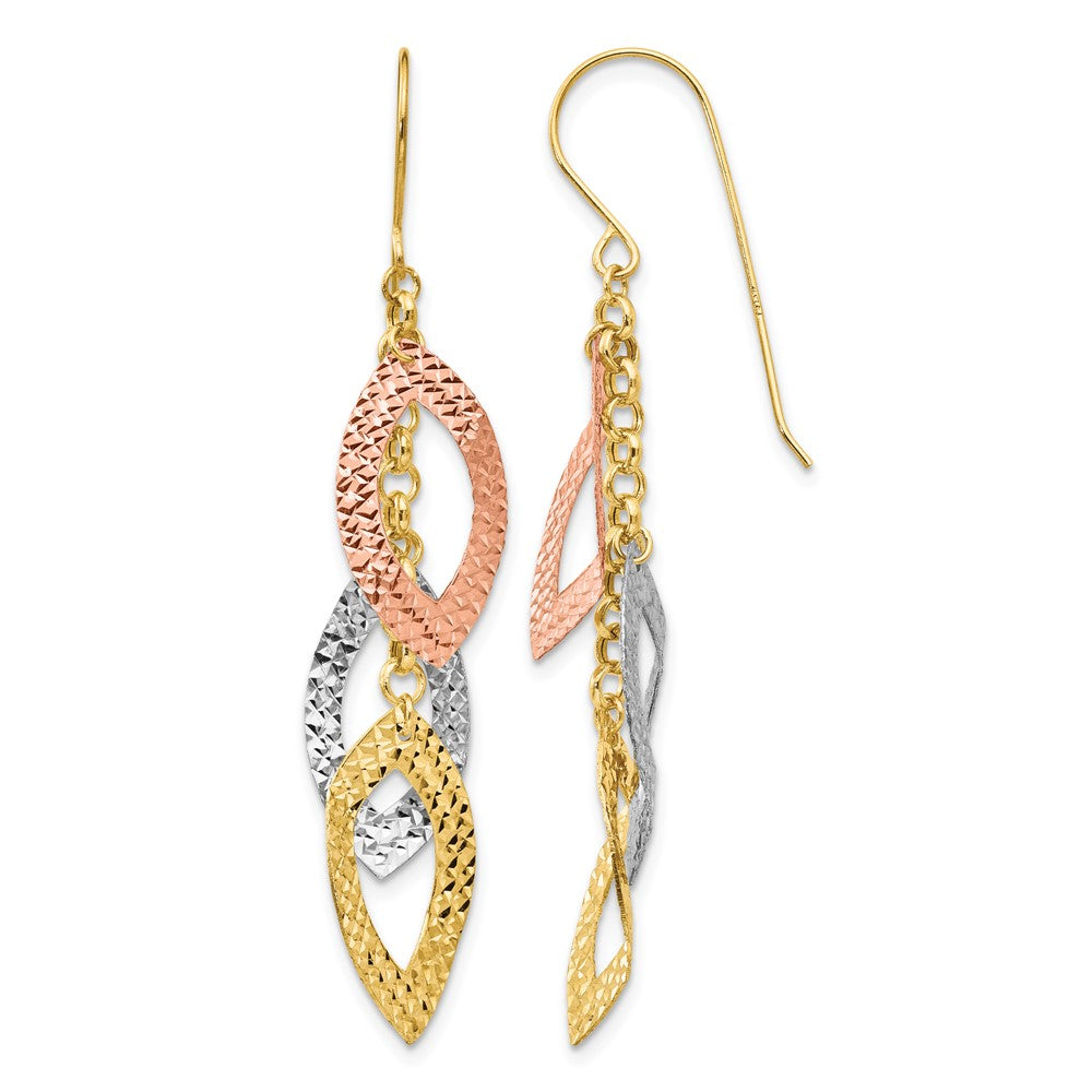 14K Tri-color Diamond-cut Leaves Dangle French Hook Earrings