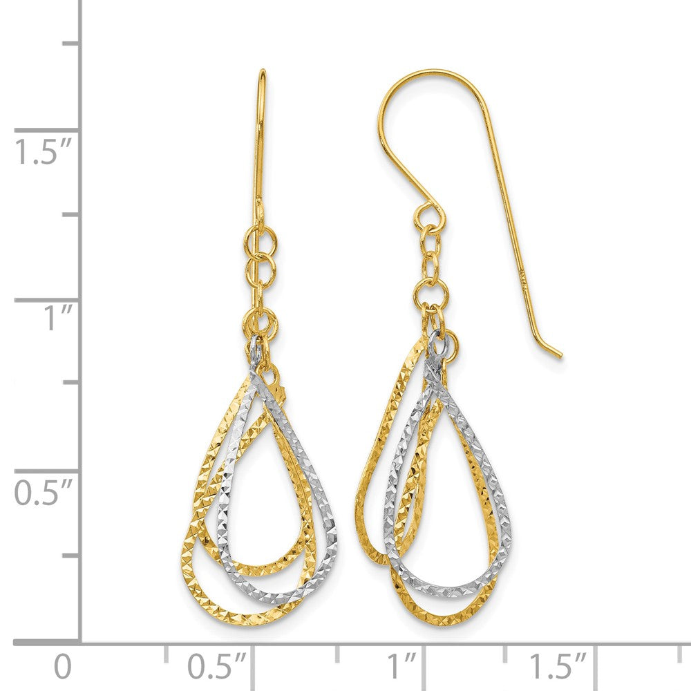 14K Two-tone Diamond-cut Teardrops Dangle French Hook Earrings