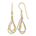 14K Two-tone Diamond-cut Teardrops Dangle French Hook Earrings