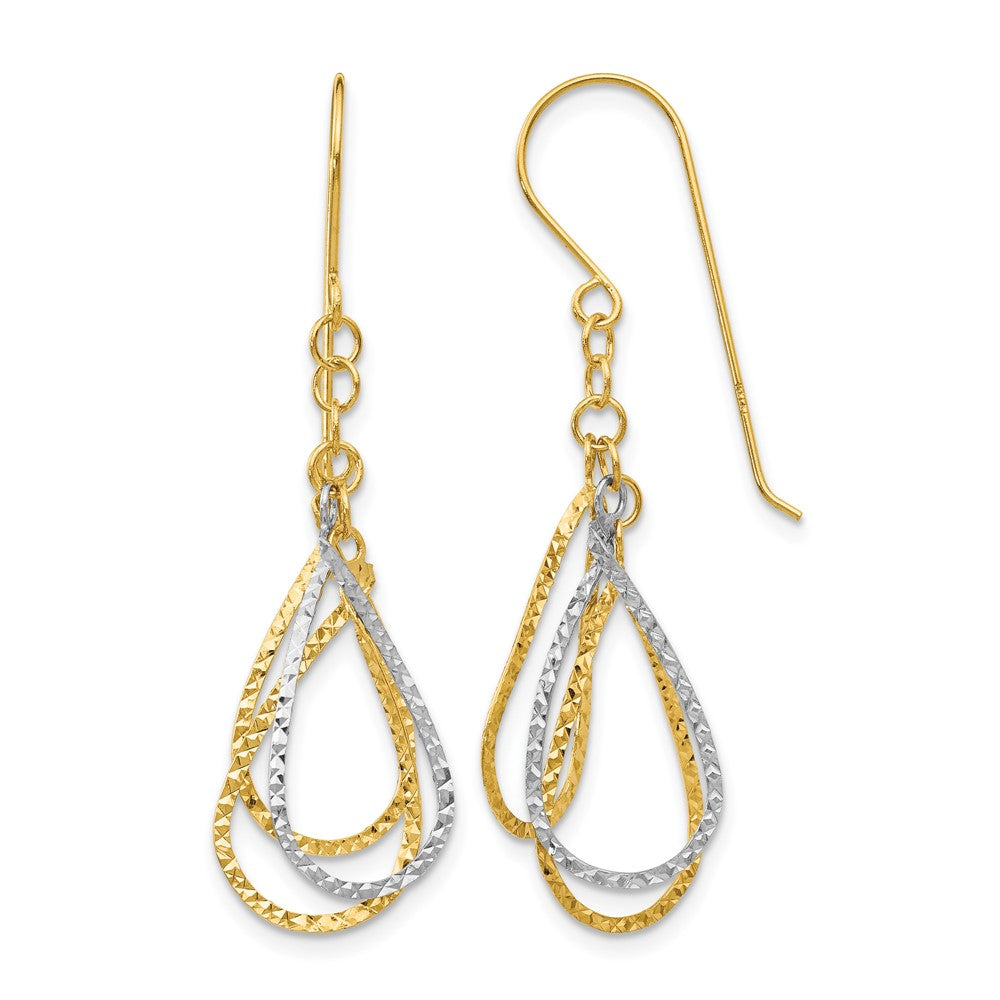 14K Two-tone Diamond-cut Teardrops Dangle French Hook Earrings