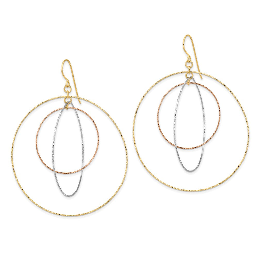 14k Tri-color Diamond-cut Graduated Circles Dangle French Hook Earrings