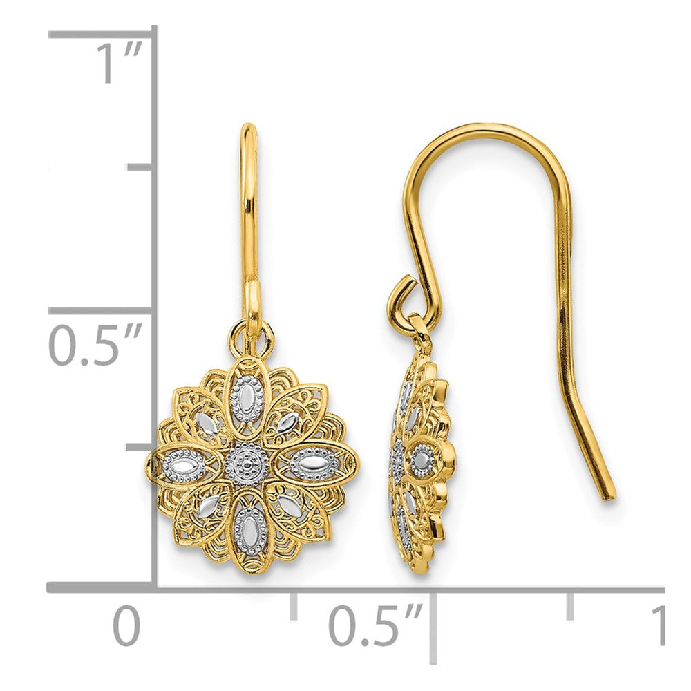14k and White Rhodium Diamond-cut Polished Medallion Dangle Wire Earrings