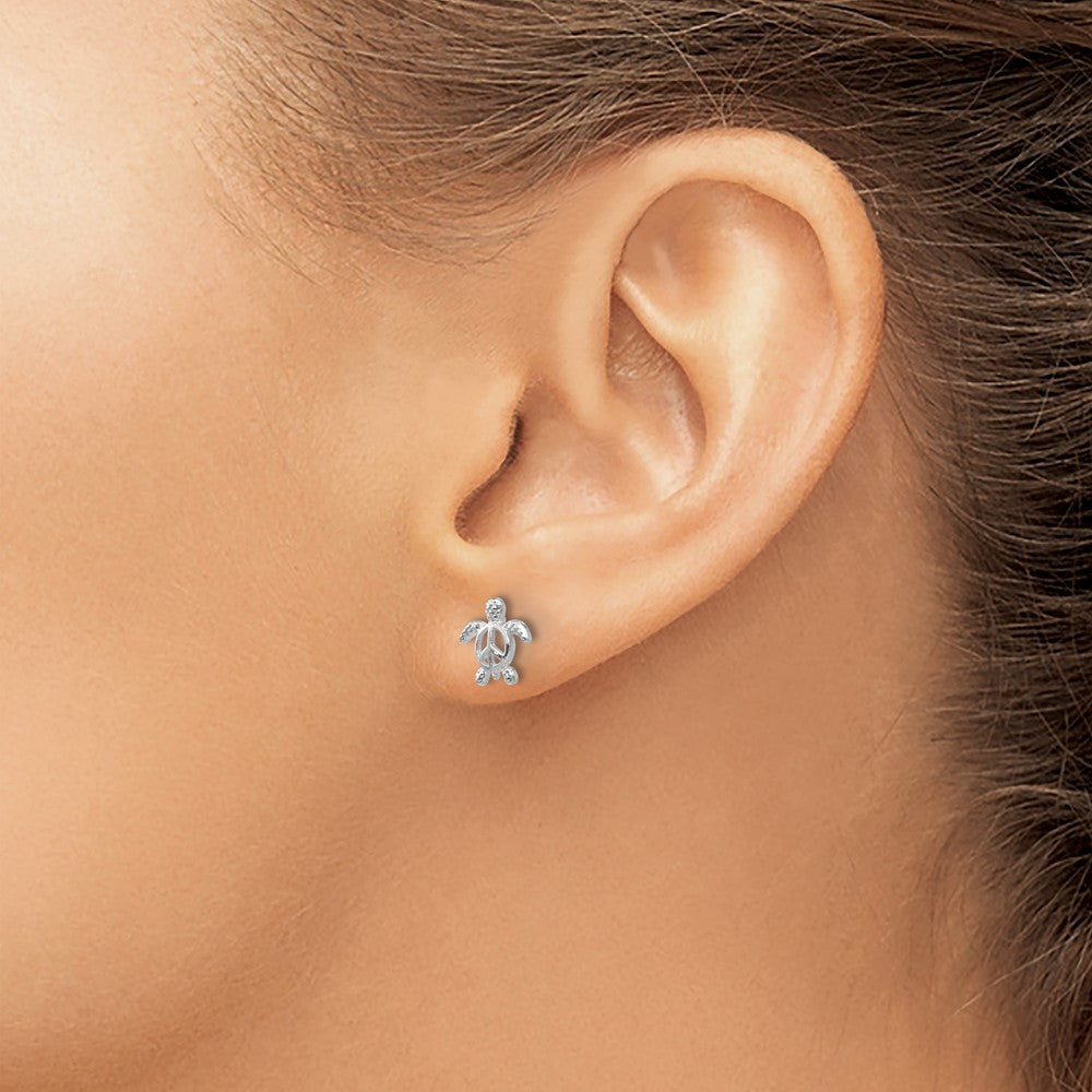 14k White Gold Peace Symbol Turtle Post Earrings