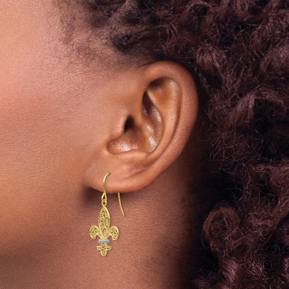 14k and White Rhodium Filigree Fleur de lis Dangle French Hook Earrings