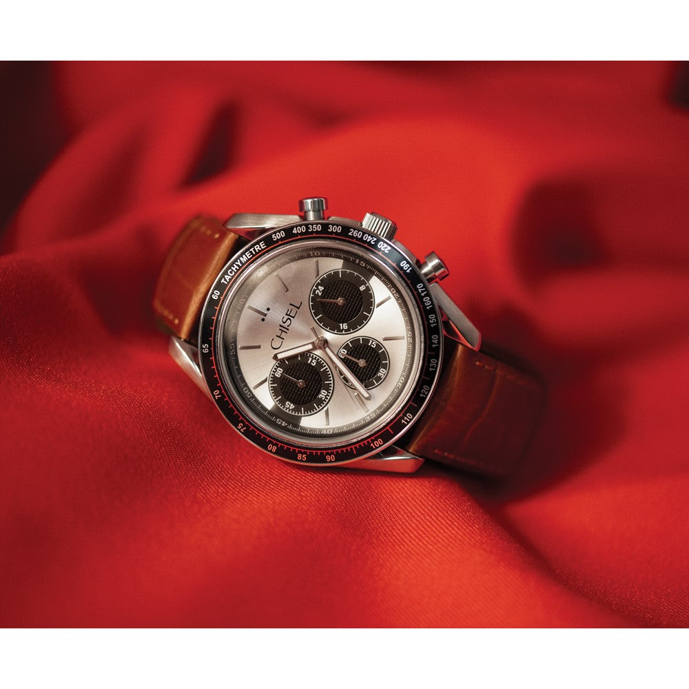 Mens Chisel Stainless Steel Brown Leather Chronograph Watch