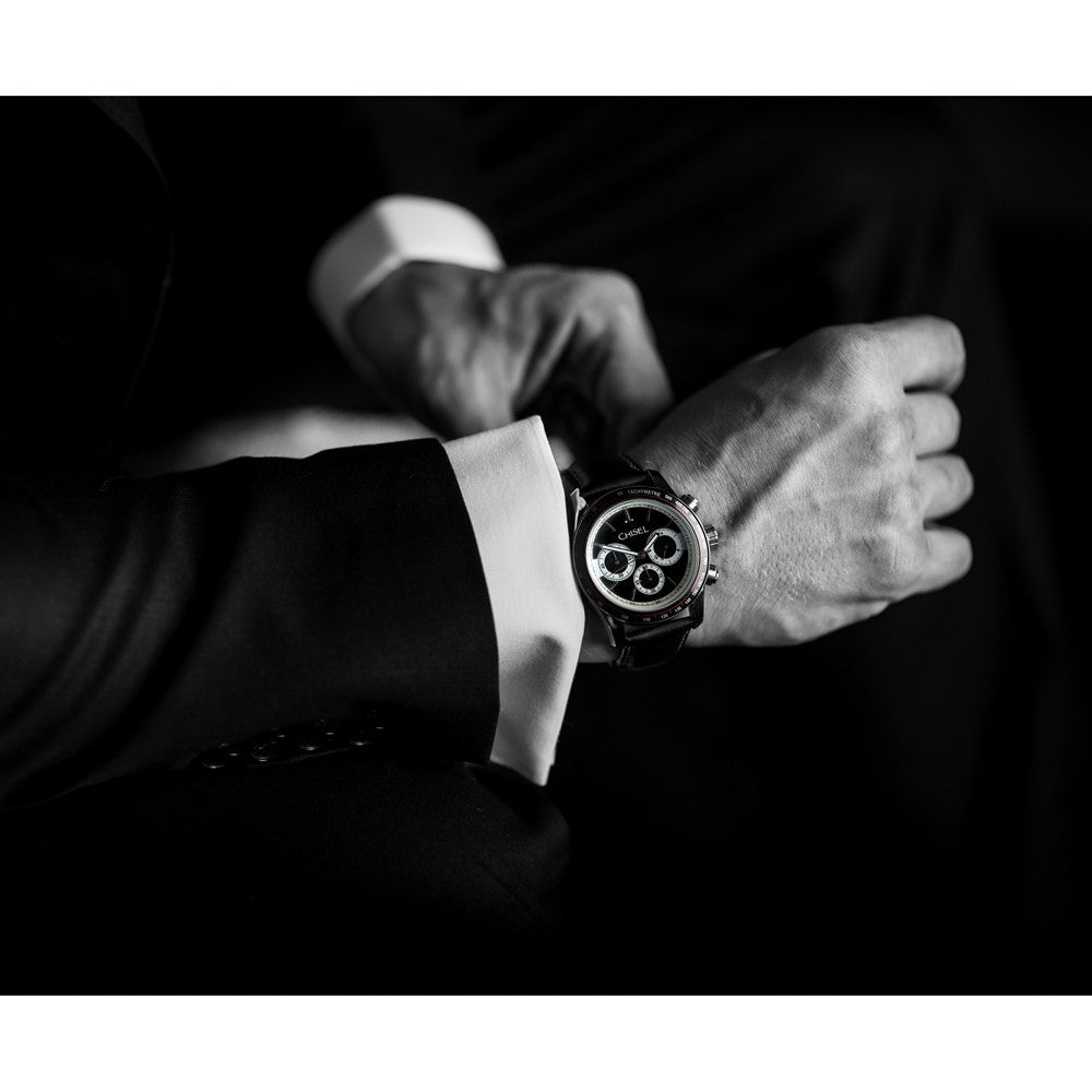 Mens Chisel Stainless Steel Black Leather Chronograph Watch
