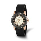 Ladies Chisel Rose IP-plated Floral Dial Black Strap Watch