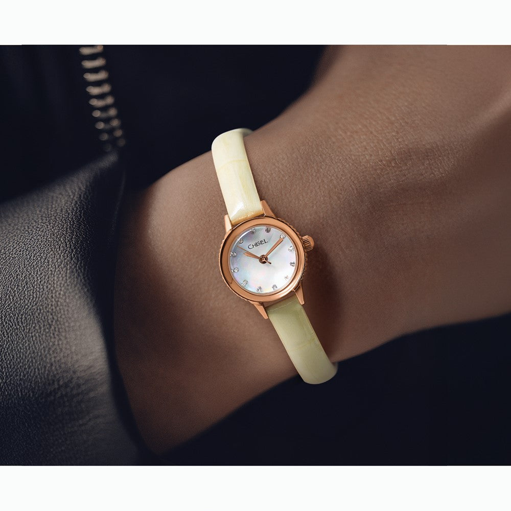 Ladies Chisel Stainless Steel Rose IP-plated White Leather Strap Watch