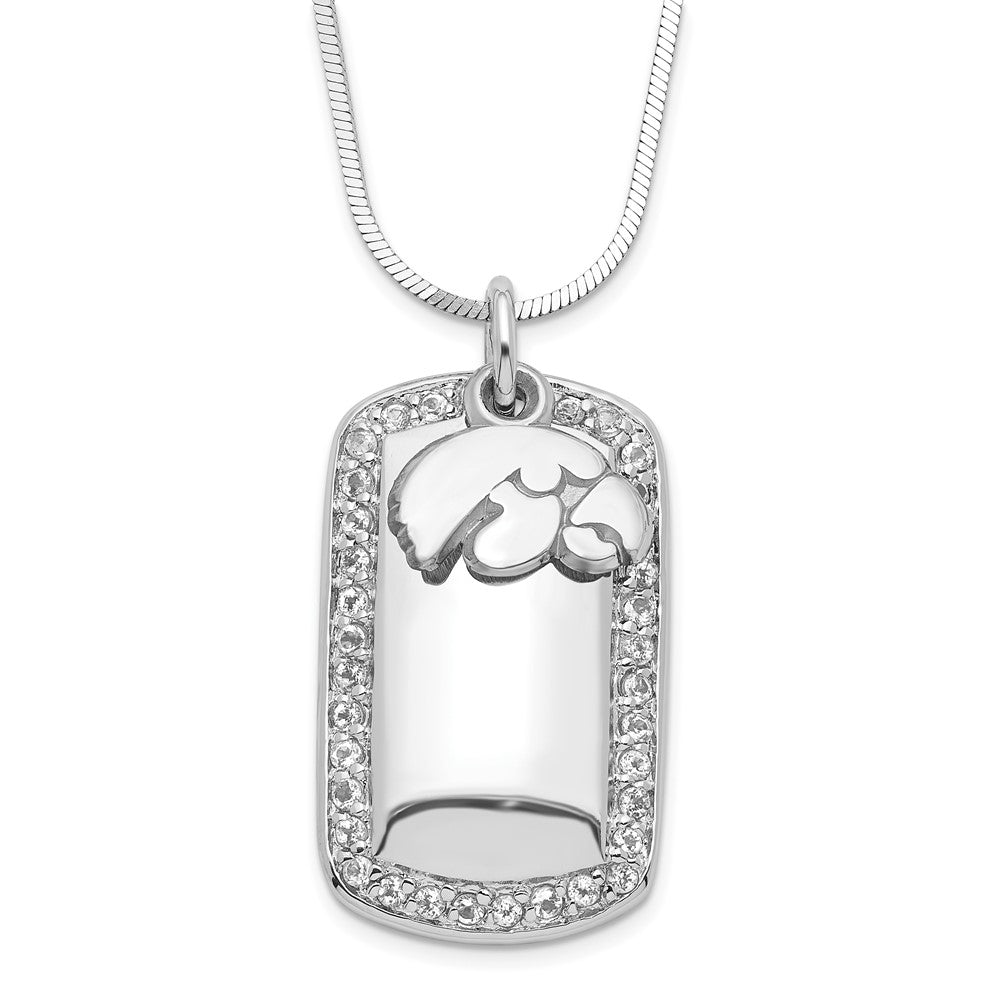 Sterling Silver University of Iowa Polished Logo CZ Dogtag Necklace