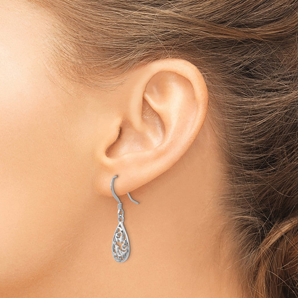 Sterling Silver Rhod-pltd  Polished Shepherd Hook Dangle Earrings