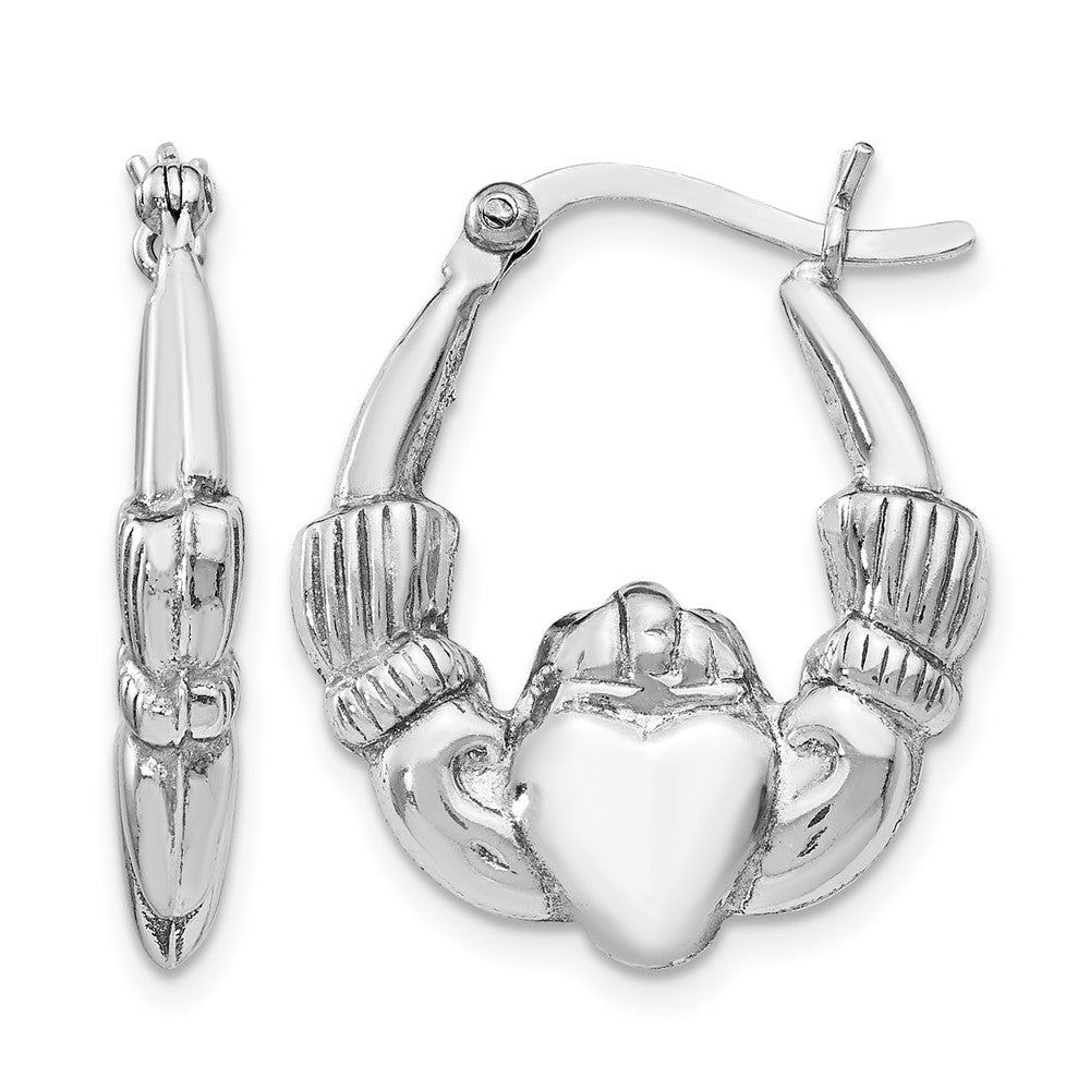 Sterling Silver Rhodium-plated Polished Claddagh Hoop Earrings