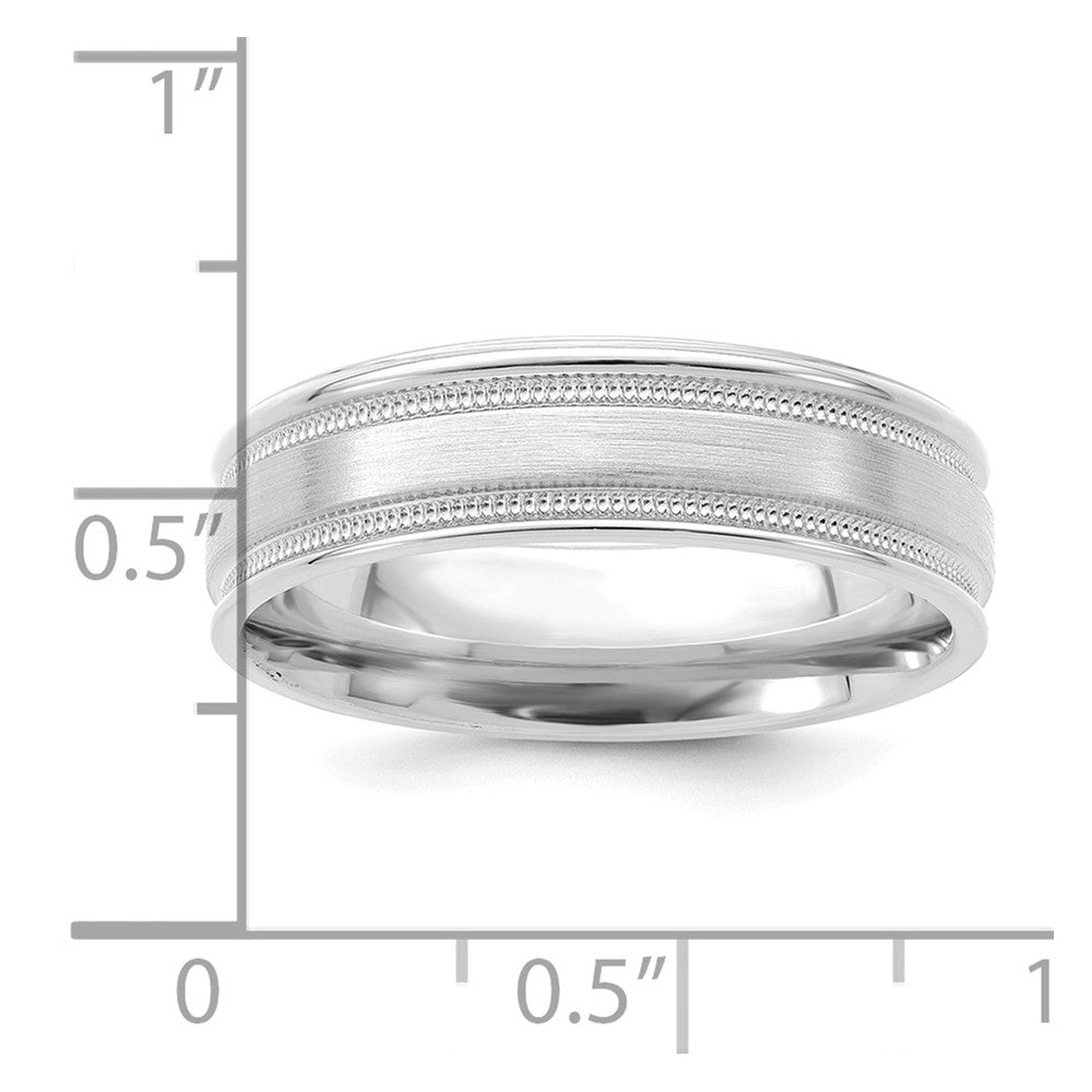 14k White Gold 6mm Standard Weight Comfort Fit Brushed Satin/Polished Milgrain Grooved Edge Wedding Band