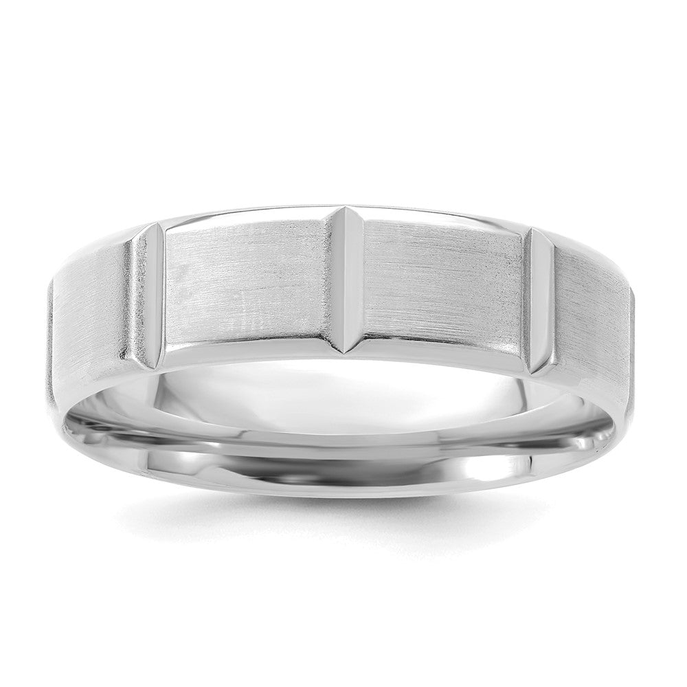 14k White Gold 6mm Standard Weight Comfort Fit Brushed/Polished Beveled Edge with Vertical Lines Wedding Band
