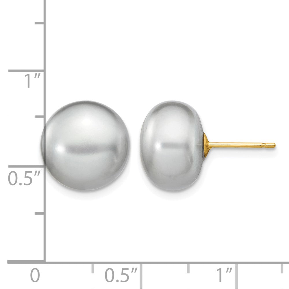 14k 11-12mm Grey Button Freshwater Cultured Pearl Stud Post Earrings