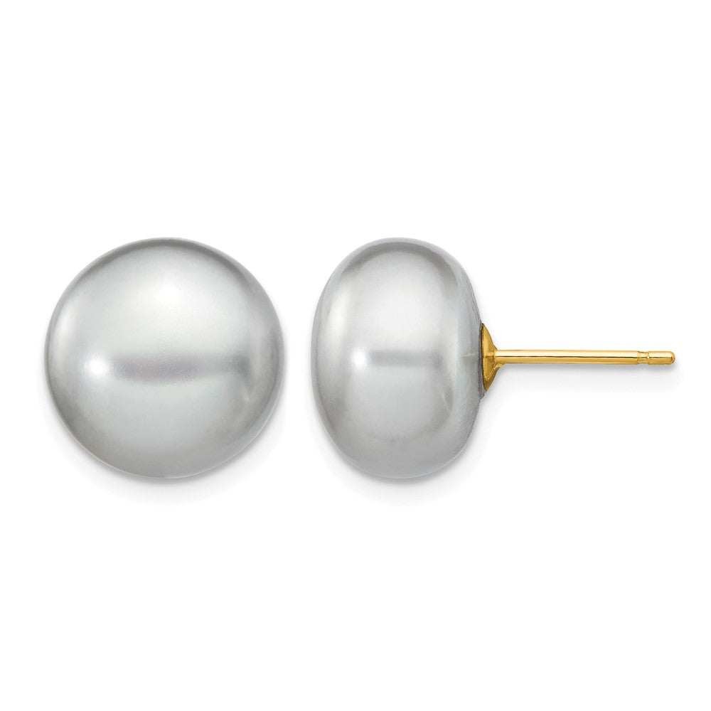 14k 11-12mm Grey Button Freshwater Cultured Pearl Stud Post Earrings