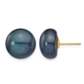 14k 12-13mm Black Button Freshwater Cultured Pearl Stud Post Earrings