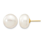 14k 12-13mm White Button Freshwater Cultured Pearl Stud Post Earrings