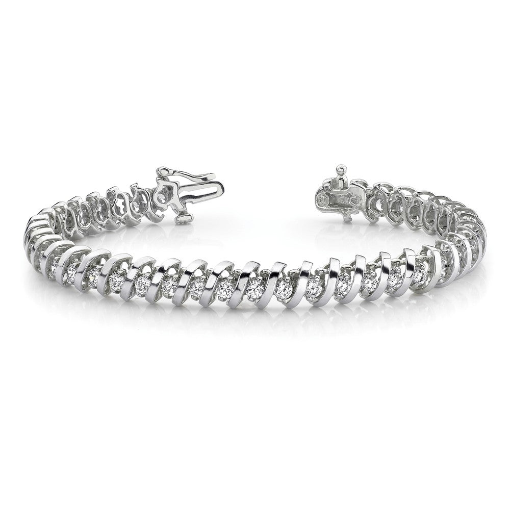 14k White Gold Complete 1.4 carat Round A Diamond Fancy Spiral 7 inch Tennis Bracelet