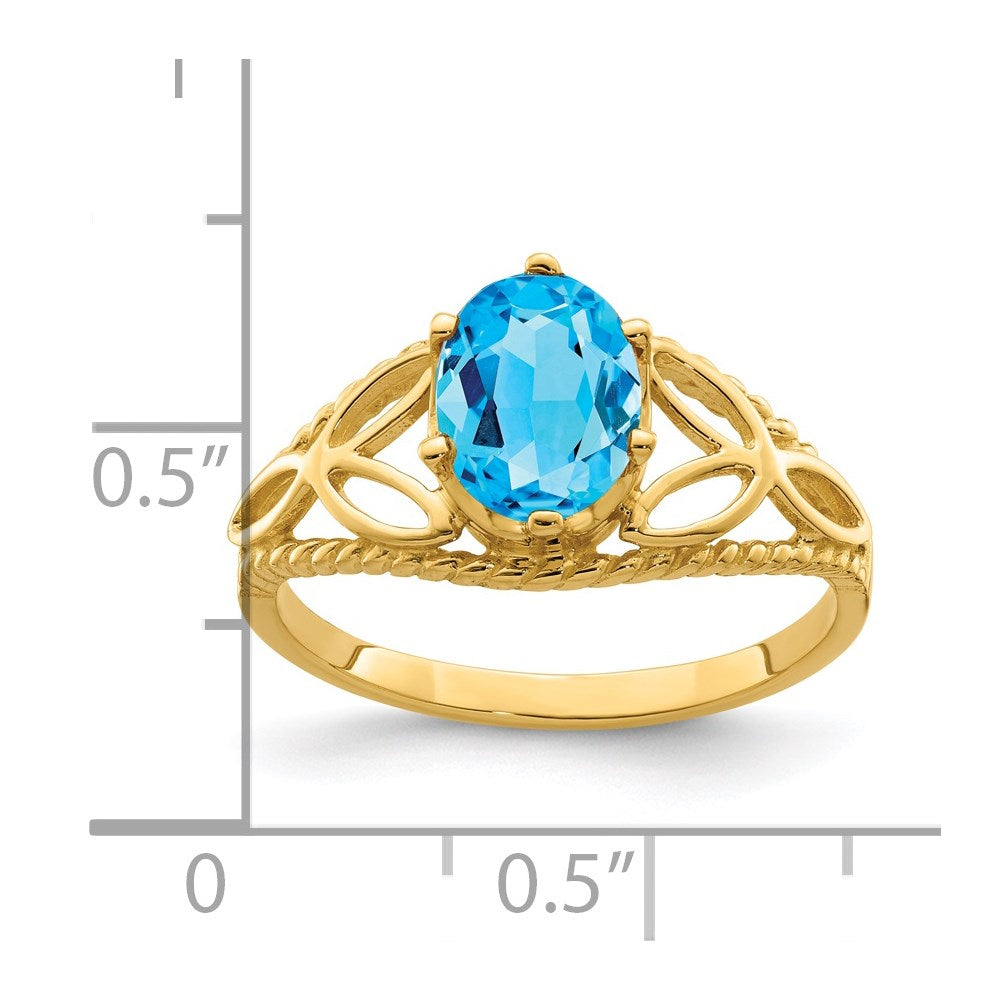 14k 8x6mm Oval Blue Topaz Checker-cut Filigree Ring