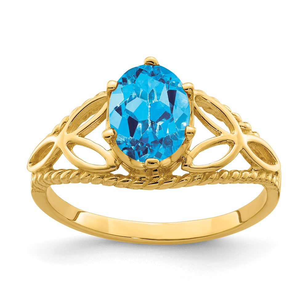 14k 8x6mm Oval Blue Topaz Checker-cut Filigree Ring