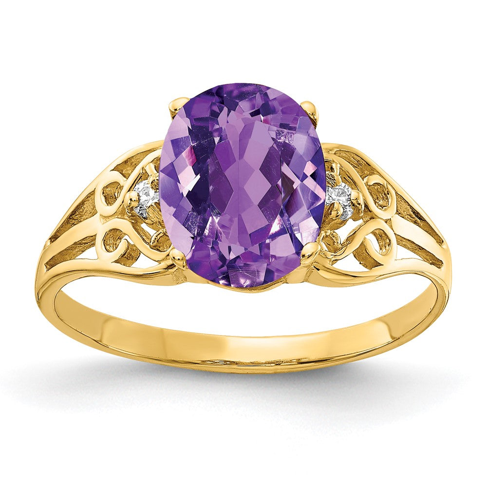 14k 9x7mm Oval Amethyst and 1/20 carat VS Diamond Filigree Ring