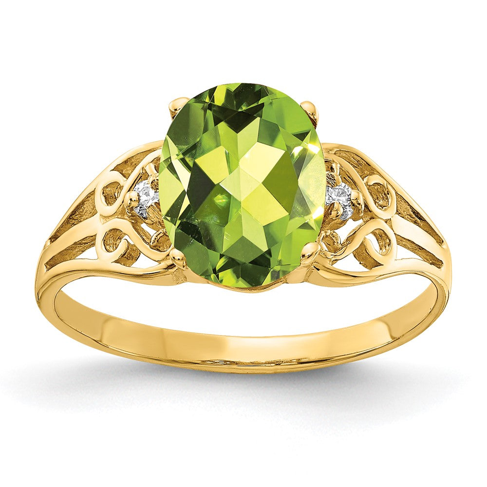 14k 9x7mm Oval Peridot and AA Diamond Filigree Ring