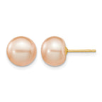 14k 8-9mm Pink Button Freshwater Cultured Pearl Stud Post Earrings
