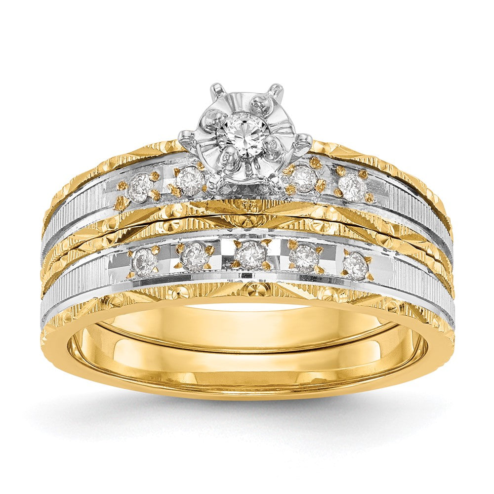 14k and Rhodium AA Quality 1/10 carat Diamond Trio Complete Engagement Ring