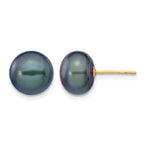 14k 9-10mm Black Button Freshwater Cultured Pearl Stud Post Earrings