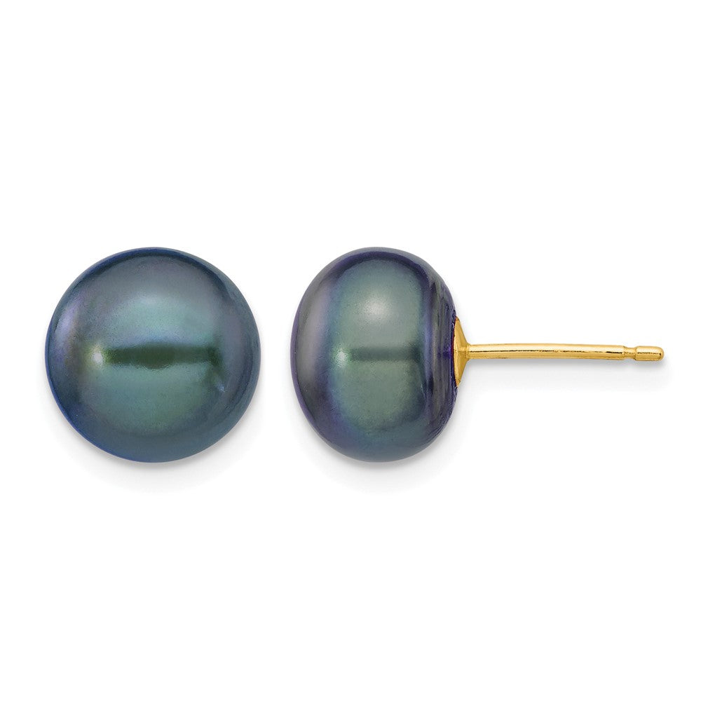 14k 9-10mm Black Button Freshwater Cultured Pearl Stud Post Earrings