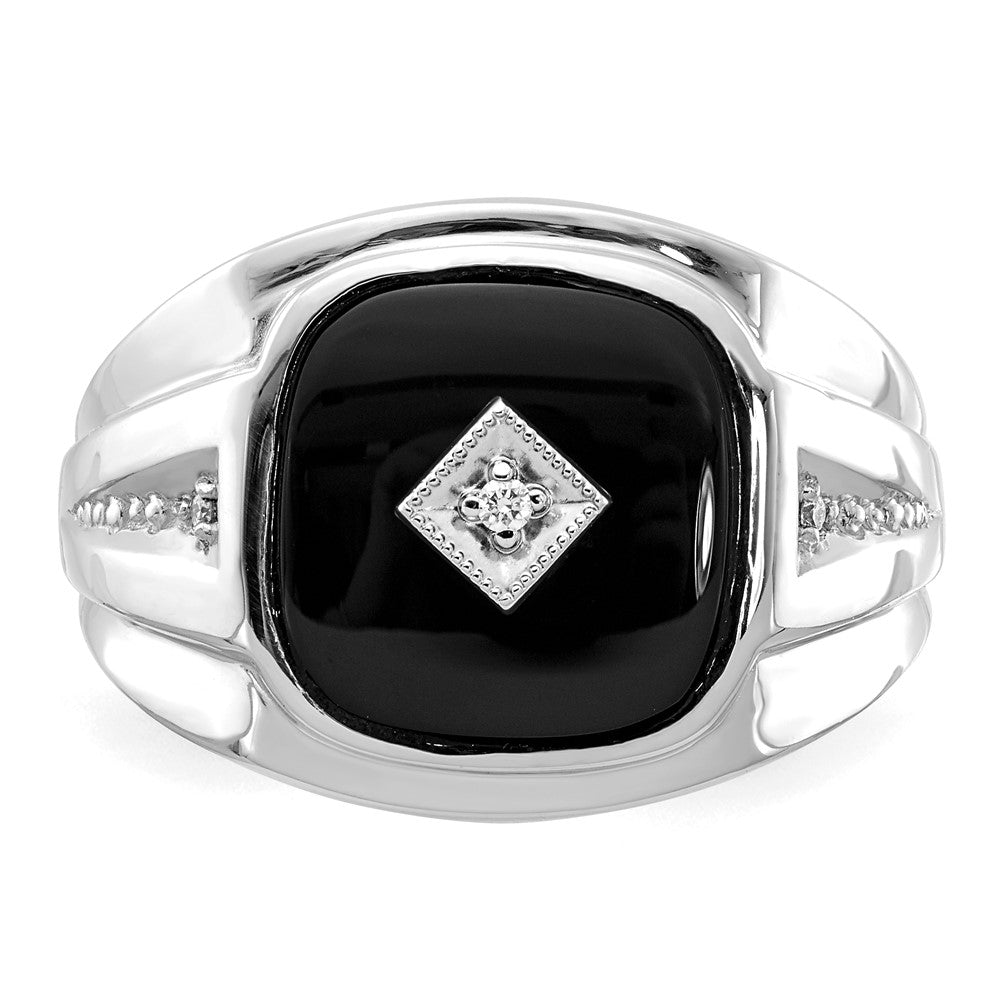 IB Goodman 14k White Gold Cushion Onyx and AA Diamond Mens Ring