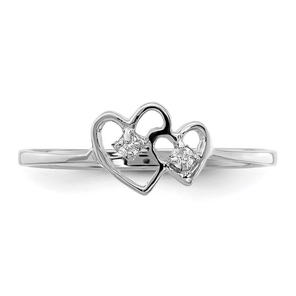 14k White Gold Polished AA Diamond Two Hearts Ring